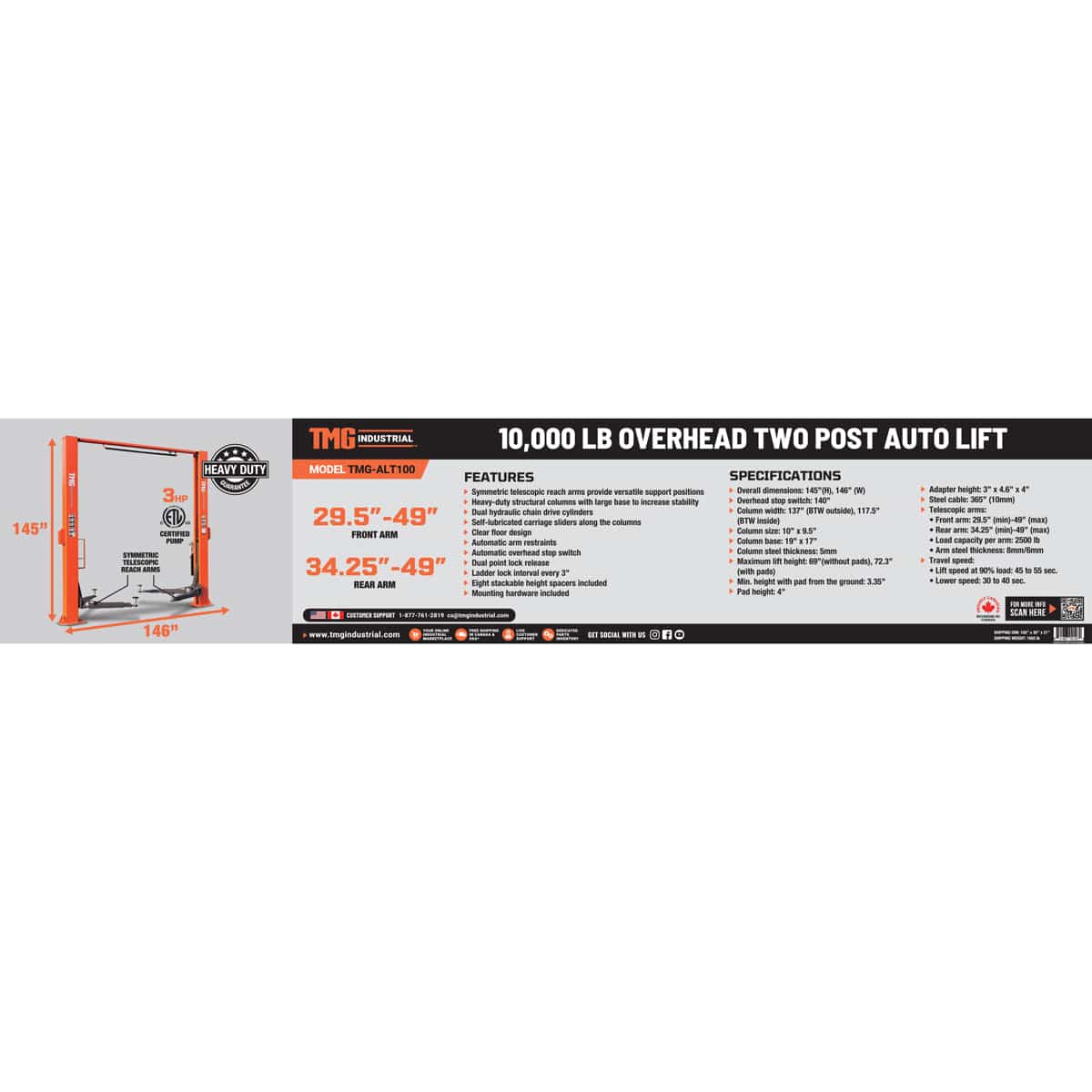 10,000-lb Two Post Overhead Auto Lift, Symmetric Arms, 72" Lift Height, Dual-Point Lock Release, TMG-ALT100 - Image 7