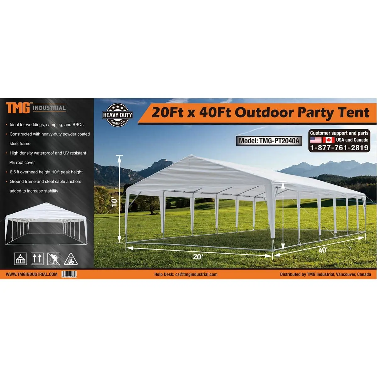 20' x 40' Heavy Duty Outdoor Party Tent, PE tarpaulin fabric, 6'6" Overhead, 10' Peak Ceiling TMG-PT2040A - Image 20
