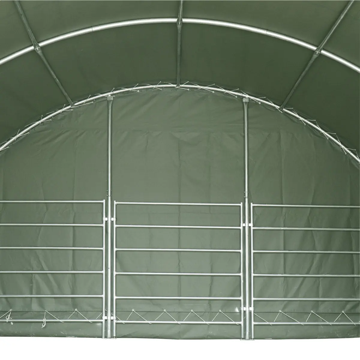 20' x 20' Livestock Corral Shelter, Powder Coated Structure, 12' Dome Roof, 17 oz Military Green PVC Fabric Covering, 6-Bar Corral Panels, 5' Front Swing Gate, TMG-ST2020L - Image 11