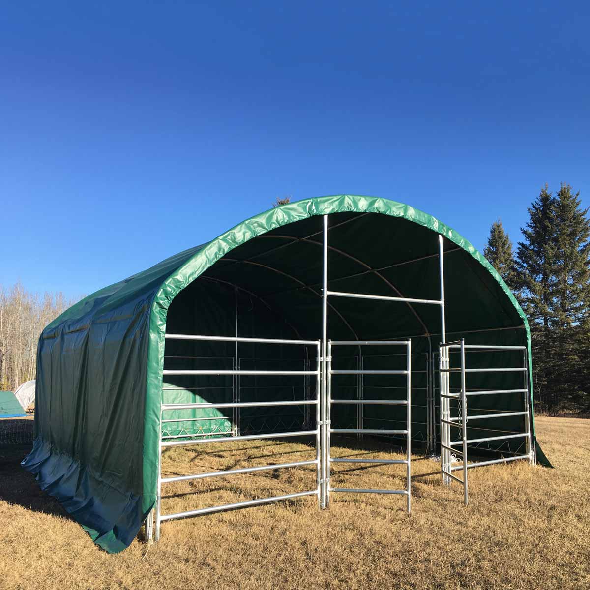 20' x 20' Livestock Corral Shelter, Powder Coated Structure, 12' Dome Roof, 17 oz Military Green PVC Fabric Covering, 6-Bar Corral Panels, 5' Front Swing Gate, TMG-ST2020L - Image 3