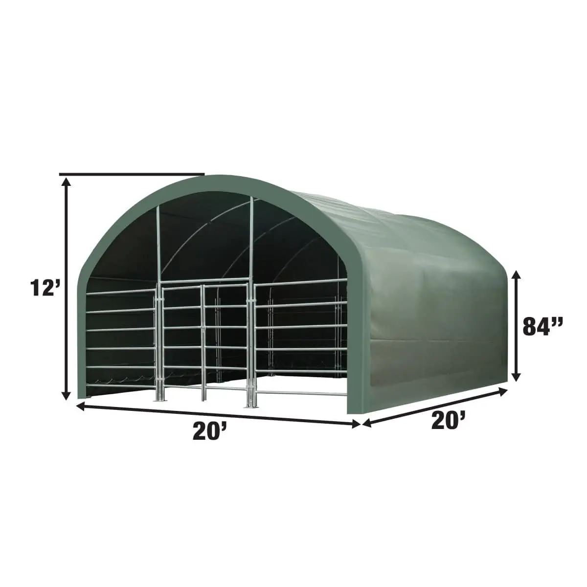 20' x 20' Livestock Corral Shelter, Powder Coated Structure, 12' Dome Roof, 17 oz Military Green PVC Fabric Covering, 6-Bar Corral Panels, 5' Front Swing Gate, TMG-ST2020L - Image 4