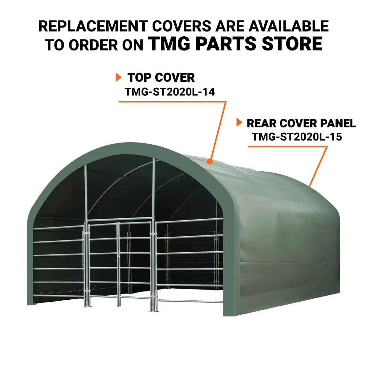 20' x 20' Livestock Corral Shelter, Powder Coated Structure, 12' Dome Roof, 17 oz Military Green PVC Fabric Covering, 6-Bar Corral Panels, 5' Front Swing Gate, TMG-ST2020L - Image 5