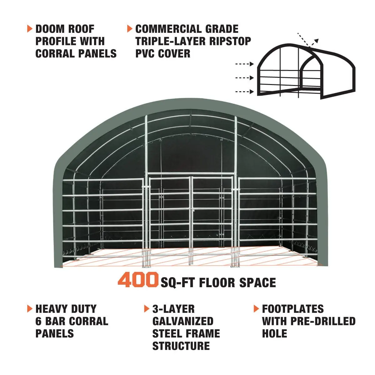20' x 20' Livestock Corral Shelter, Powder Coated Structure, 12' Dome Roof, 17 oz Military Green PVC Fabric Covering, 6-Bar Corral Panels, 5' Front Swing Gate, TMG-ST2020L - Image 7