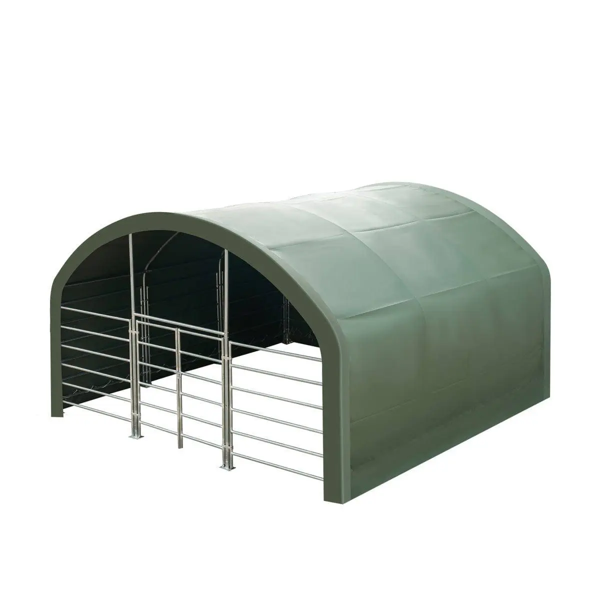 20' x 20' Livestock Corral Shelter, Powder Coated Structure, 12' Dome Roof, 17 oz Military Green PVC Fabric Covering, 6-Bar Corral Panels, 5' Front Swing Gate, TMG-ST2020L - Image 9