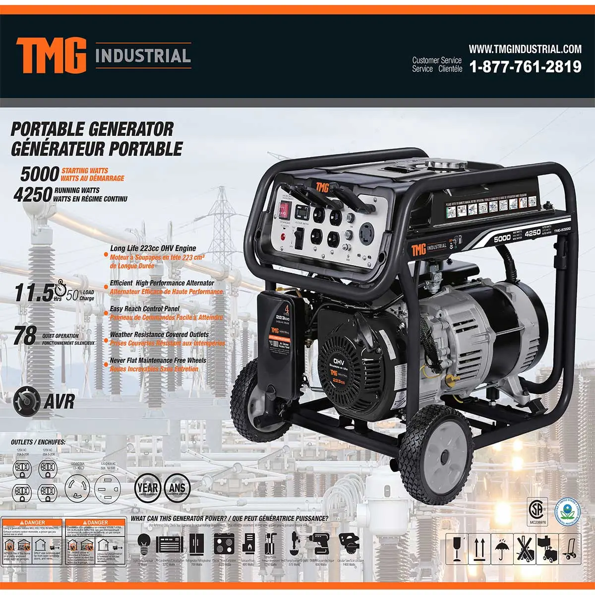 TMG-5000G 5000-Watt Gasoline Generator, 223cc OHV Engine, 11.5 Running Time, 120/240VAC (Discontinued – No Longer Available) - Image 6
