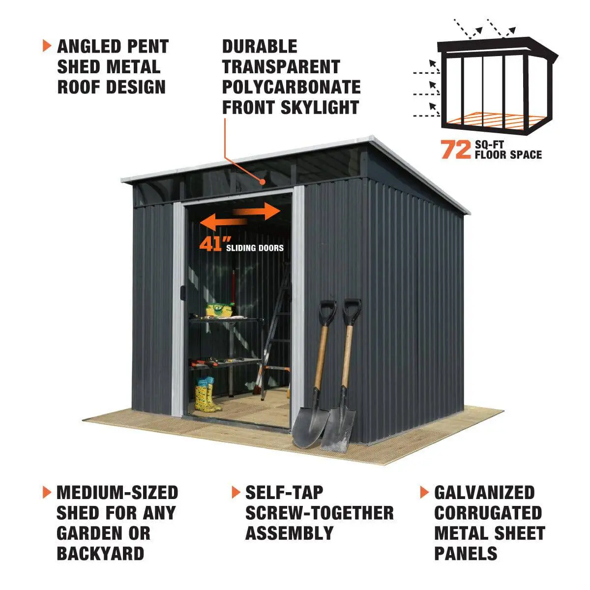 8' x 9' Galvanized Metal Pent Shed w/Skylight, 29 GA Corrugated Metal, 80" Peak Ceiling, TMG-MS0809P - Image 7