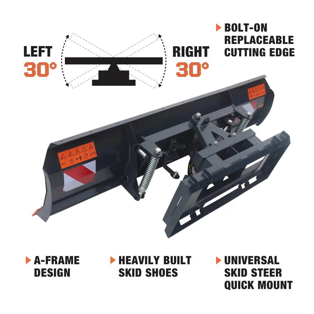 94" Skid Steer Dozer Blade/Snow Plow Pusher, 30° Left & Right, Bolt-On Cutting Edge, Adjustable Skid Shoes, Universal Quick Mount, TMG-DB94 - Image 5