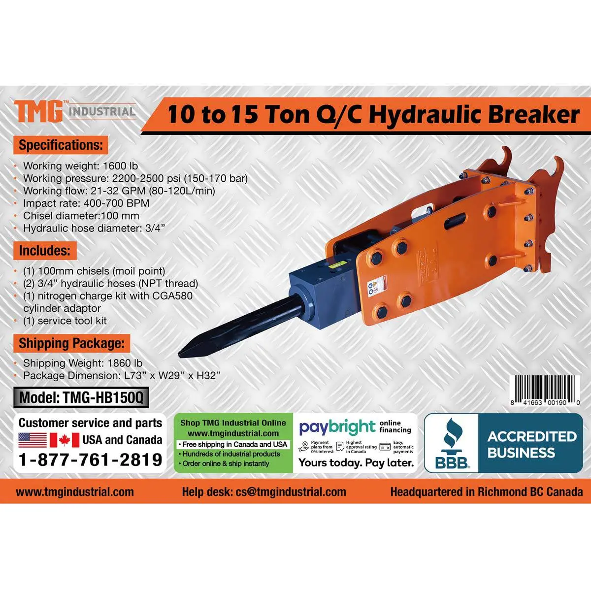 10-15 Ton Quick-Change Hydraulic Breaker, 4'' Moil Point Chisel, 400-700BPM TMG-HB150Q - Image 11