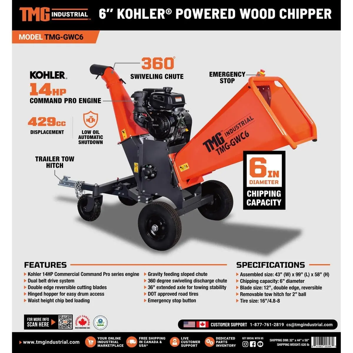 TMG Heavy Series™ 6" Wood Chipper Powered by Kohler 14 HP Command Engine, ATV Tow-Behind, 12'' Reversible Blade, Dual Belt Drive, TMG-GWC6 - Image 13