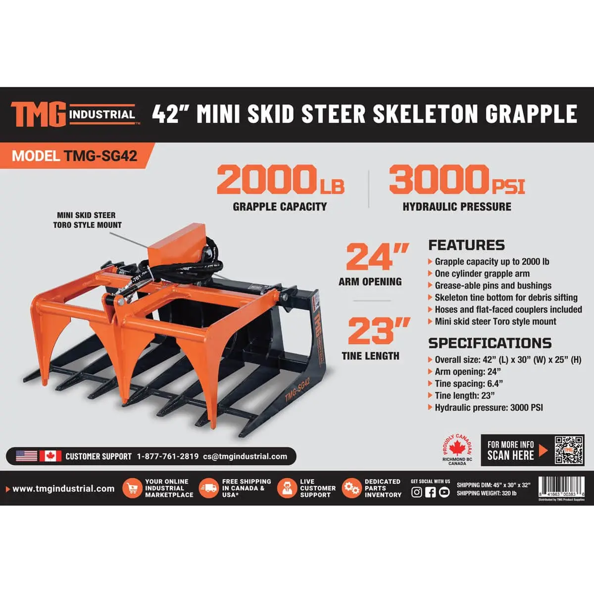 42" Mini Skid Steer Skeleton Grapple Attachment, Toro Style Mount, 24" Arm Opening, 2000 lb Weight Capacity, TMG-SG42 - Image 9